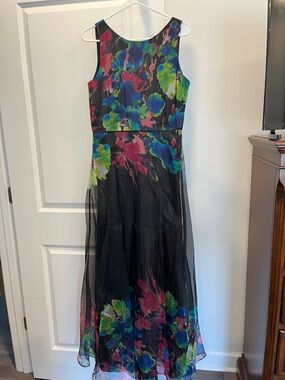 NEVER WORN. Black Floral Chiffon Dress with Multicolor Bloom